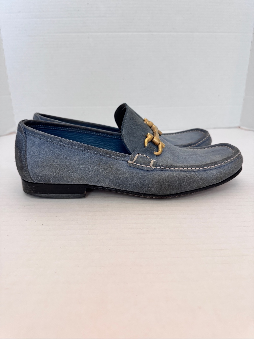 Salvatore Ferragamo Mens Gray Blue Suede Driving Loafers Shoes Horsebit Sz 9 EEE